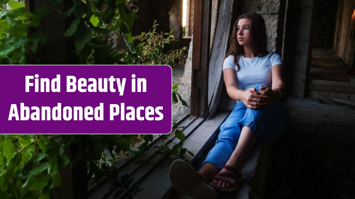 Teen girl sitting by the window in an abandoned building.